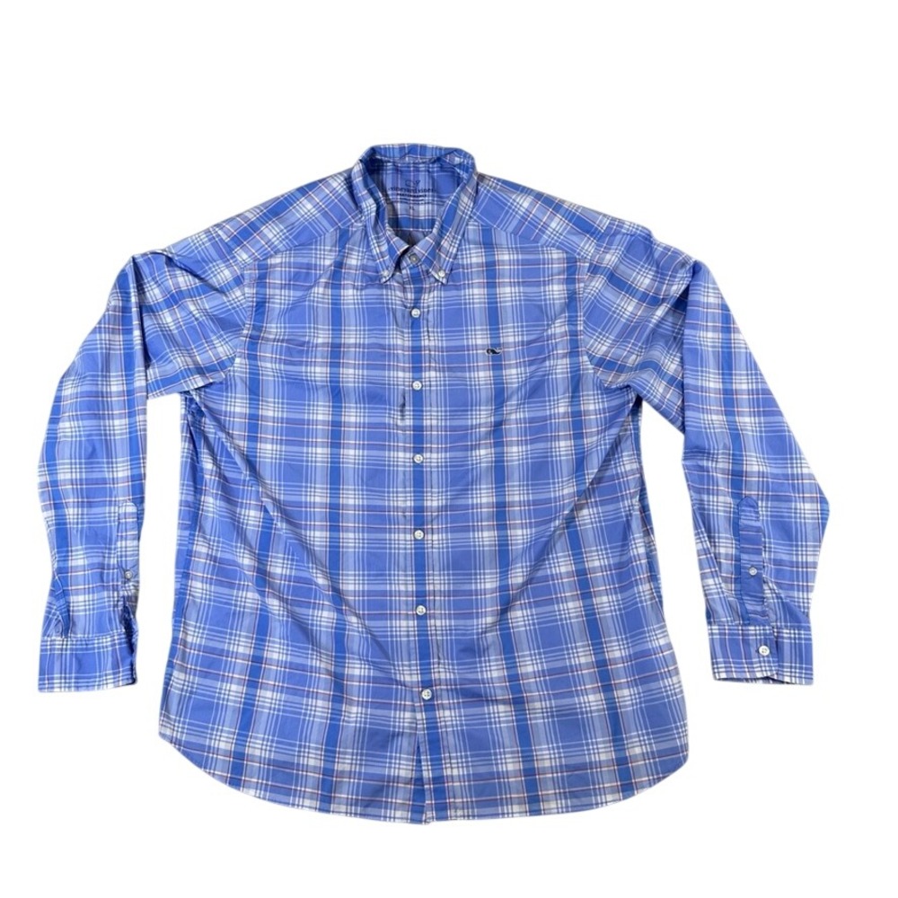 Vineyard Vines Performance Shirt Mens XL Blue Plaid Classic Fit Whale LS